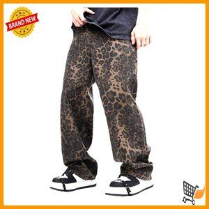 Leopard Print Baggy Jeans Grunge Wide Leg Denim Pants with Pockets
